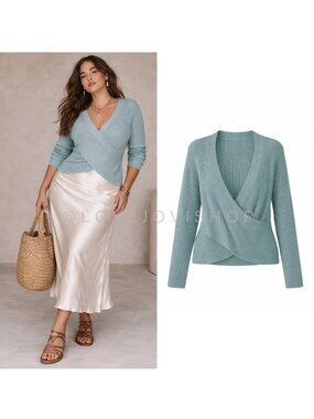 Sweater | Faux Wrap Wool Blend Knit Pullover Seafoam Mint 0XL | Balletcore Light